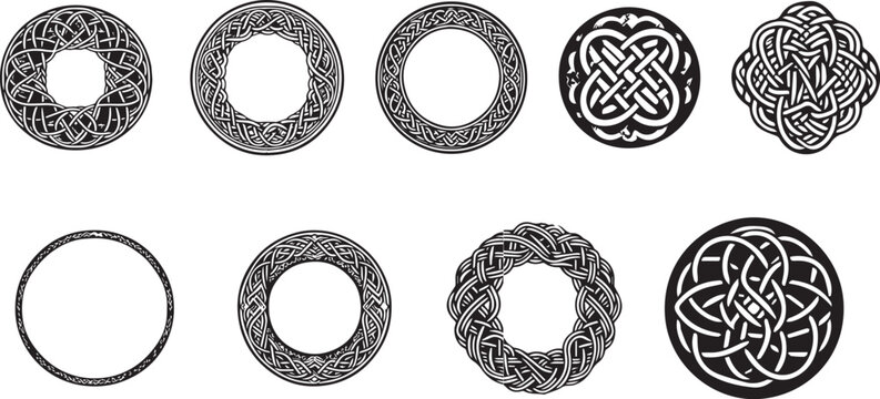 Celtic circle frames. Vintage round border frames with celtic knots, knotted braid ornaments northern Irish motifs. Circular magical patterns vector 