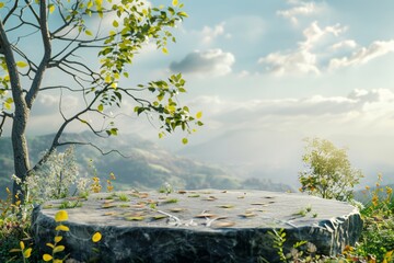 Stone platform with scenic view of green hills, falling leaves, white flowers, blue sky, and fluffy clouds. Perfect for naturethemed designs.