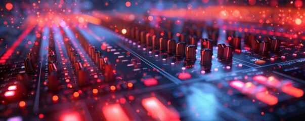Obraz premium A vibrant digital sound mixer with glowing lights, showcasing technology and audio equipment in an electrifying modern setup.