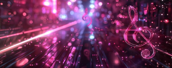 Shiny treble clef symbol in a vibrant futuristic pink and purple digital background.