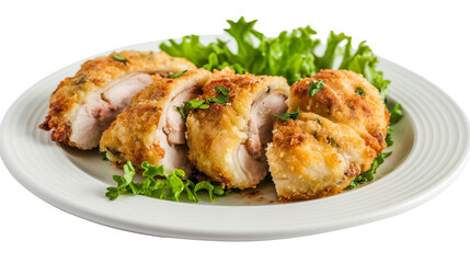 Crispy Breaded Chicken Served on Fresh Green Lettuce Garnish in a Restaurant Setting