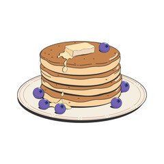 Pancakes with blueberries and butter on a plate. Isolated on a white background. Vector illustration.
