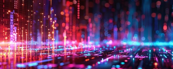 Obraz premium Colorful abstract digital background with vibrant neon lights and dynamic glowing lines creating a futuristic technology landscape.