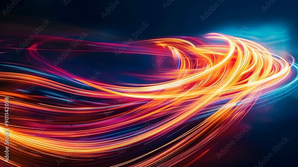 Poster streams of luminous light trails forming dynamic abstract patterns