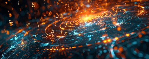 Abstract digital music notes floating over a glowing futuristic background with blue and orange lights.
