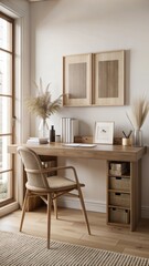 Fototapeta premium The image depicts a minimalist workspace featuring a wooden desk with tapered legs and a textured front panel.