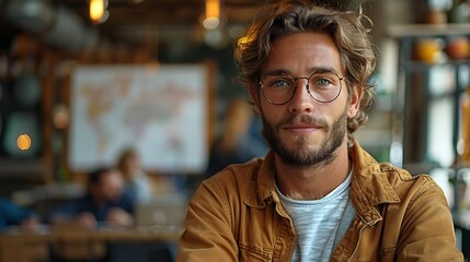 Obraz premium A young entrepreneur in casual business attire standing confidently in front of a whiteboard with a detailed business model sketch. The background shows a modern startup office with creative