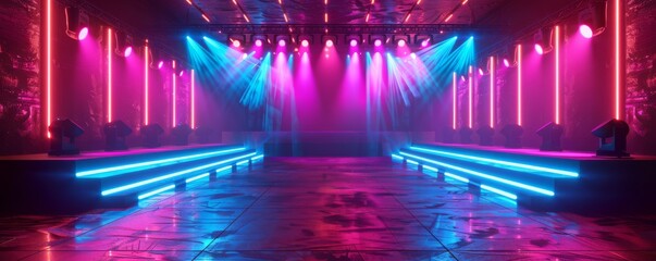 Neon-lit stage with blue and pink lights in a modern event venue.