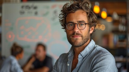 Fototapeta premium A young entrepreneur in casual business attire standing confidently in front of a whiteboard with a detailed business model sketch. The background shows a modern startup office with creative