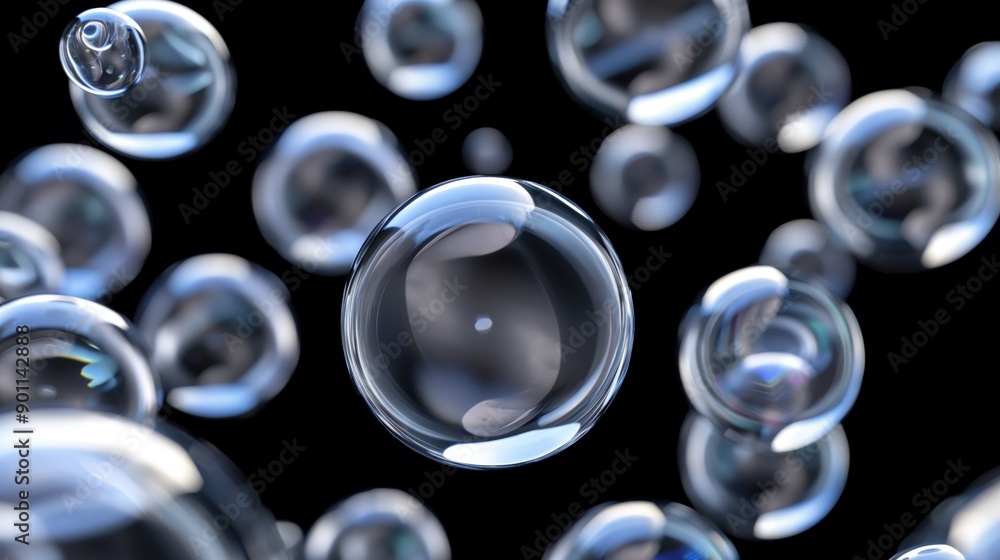 Aufkleber a cluster of iridescent soap bubbles float in mid-air, with one large bubble in the foreground