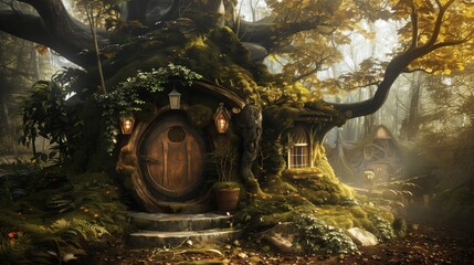 Fototapeta premium Charming and mysterious treehouse nestled within a lush, foggy forest