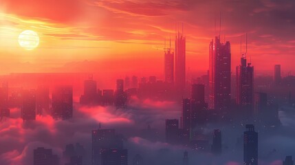 Fototapeta premium Stunning Sunset Over a Futuristic City With Tall Skyscrapers and Colorful Sky. Generative AI