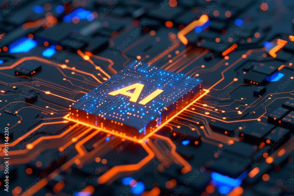 Aufkleber ai chip on circuit board with glowing connections representing advanced ai