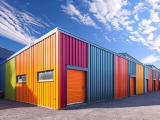 Obraz premium Mini colorful metal self storage facilities rental units, warehouse exterior, industry garage building - ai