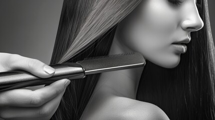 Obraz premium Stylist using a flat iron on long, sleek hair, emphasizing the shine and smoothness achieved through professional styling