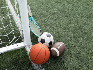 Many different sports balls on green grass, space for text