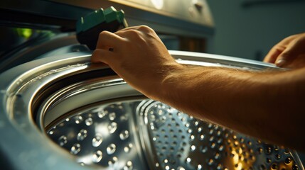 Technician skillfully repairing a washing machine, carefully examining the inner drum and electrical components. The intricate details highlight the precision and expertise required for this task