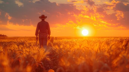 Fototapeta premium Farmer Walking with a Hoe in the Middle of a Field During a Beautiful Sunset