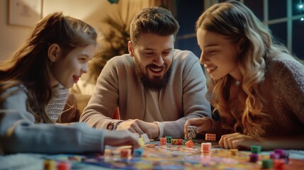 Fototapeta premium Family playing board games around the dining table on a cozy evening