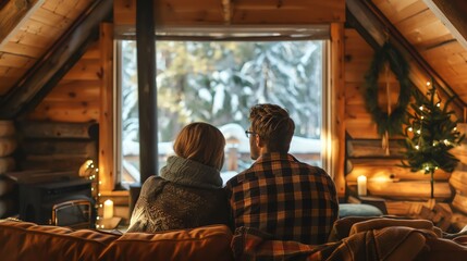 A couple sits together on a couch in a cozy log cabin, gazing out the window at a snowy forest.