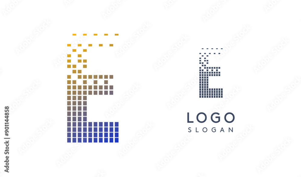 Aufkleber Pixelated Letter E transitioning into scattered pixels with gradient colors creating modern, digital effect like equalizer. Abstract logo for tech software and digital media. Vector illustration.