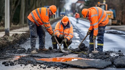 Team of workers repairing potholes, ensuring a safer and smoother drive