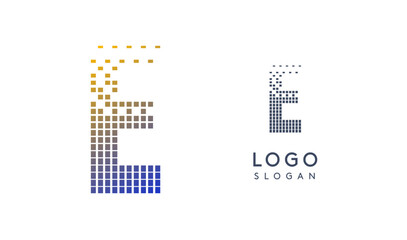 Pixelated Letter E transitioning into scattered pixels with gradient colors creating modern, digital effect like equalizer. Abstract logo for tech software and digital media. Vector illustration.