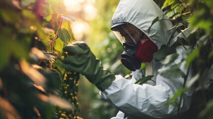 Worker in protective gear applying pest control chemicals in a garden to remove harmful insects and protect plants and crops