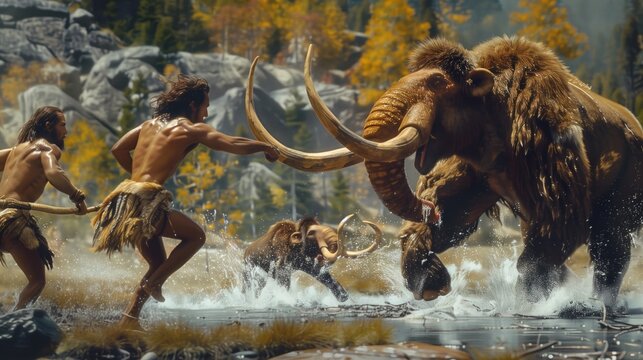 Tribe of primitive humans wearing furs for clothing and brandishing spears of wood and stone, running after a wooly mammoth in the north america 20000 years ago