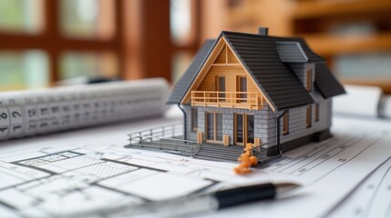 A model home sits on a sheet of blueprints for a new house
