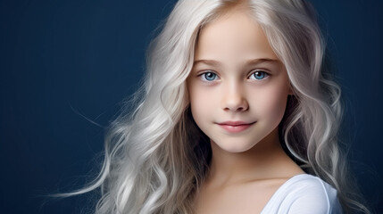 Naklejka premium Portrait of a chic cute beautiful blonde child girl with long white hair and perfect skin, dark blue background, banner.