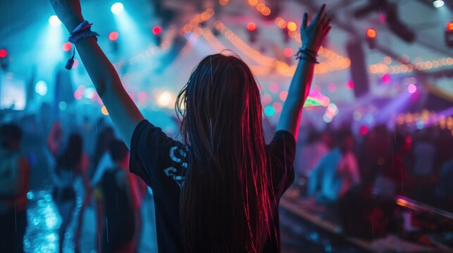 Dancing girl black t-shirt in the rain at defcon open air techno festival