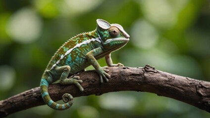 Baby chameleon veiled on branch closeup on natural background
