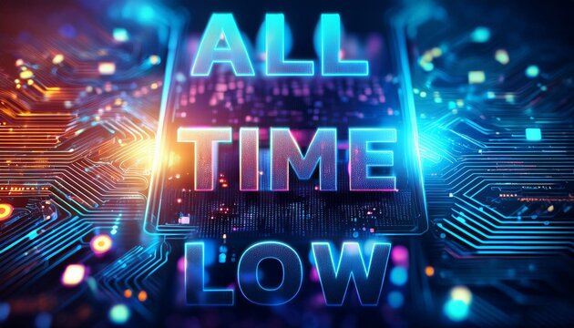 Text "All time low" with neon background.