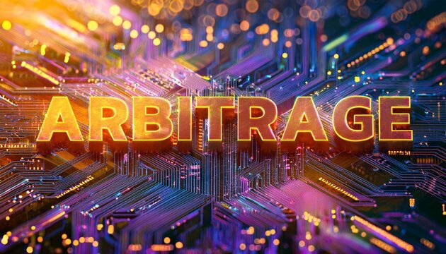 Text "Arbitrage" with neon background.