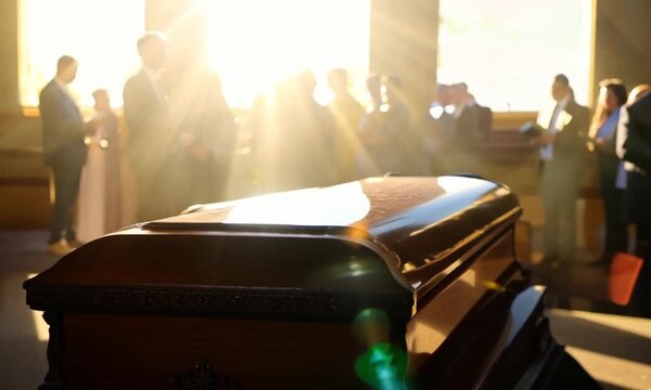 A wooden casket in a sunlit room with mourners standing in the background, bathed in warm, golden light
