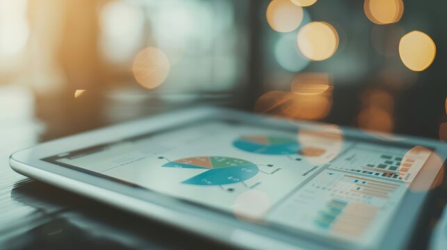 Close up of a tablet displaying a pie chart and data on a black table.