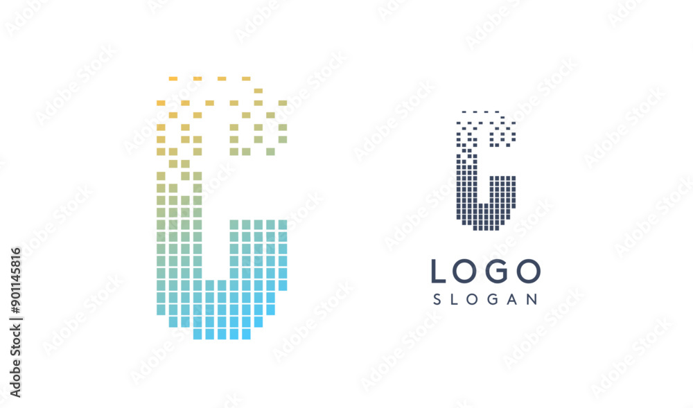 Aufkleber Pixelated Letter C transitioning into scattered pixels with gradient colors creating modern, digital effect like equalizer. Abstract logo for tech software and digital media. Vector illustration.