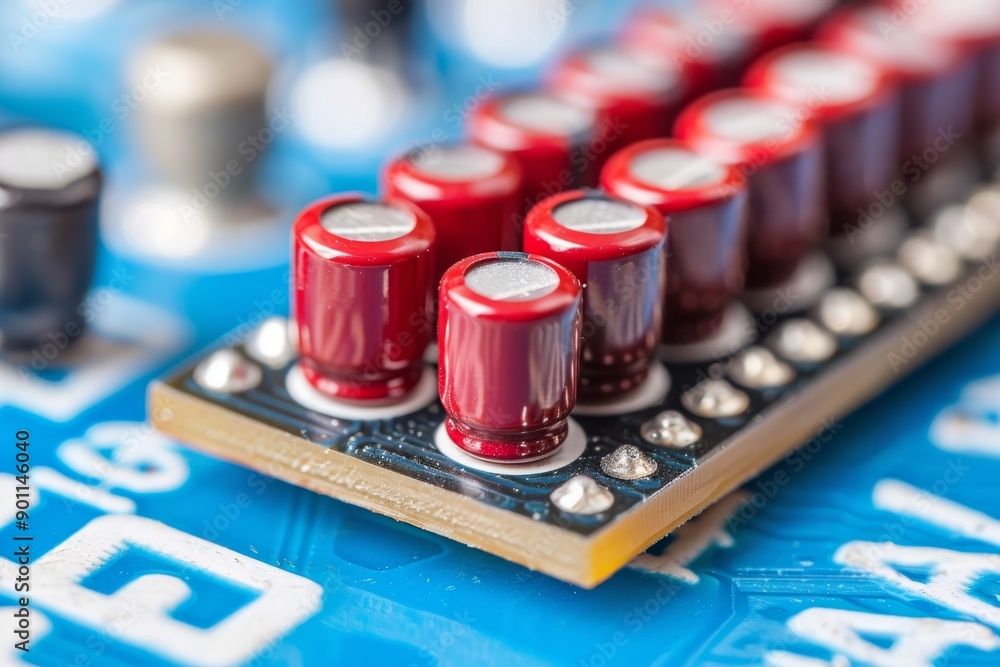Poster close up of circuit board with red and blue components representing advanced technology