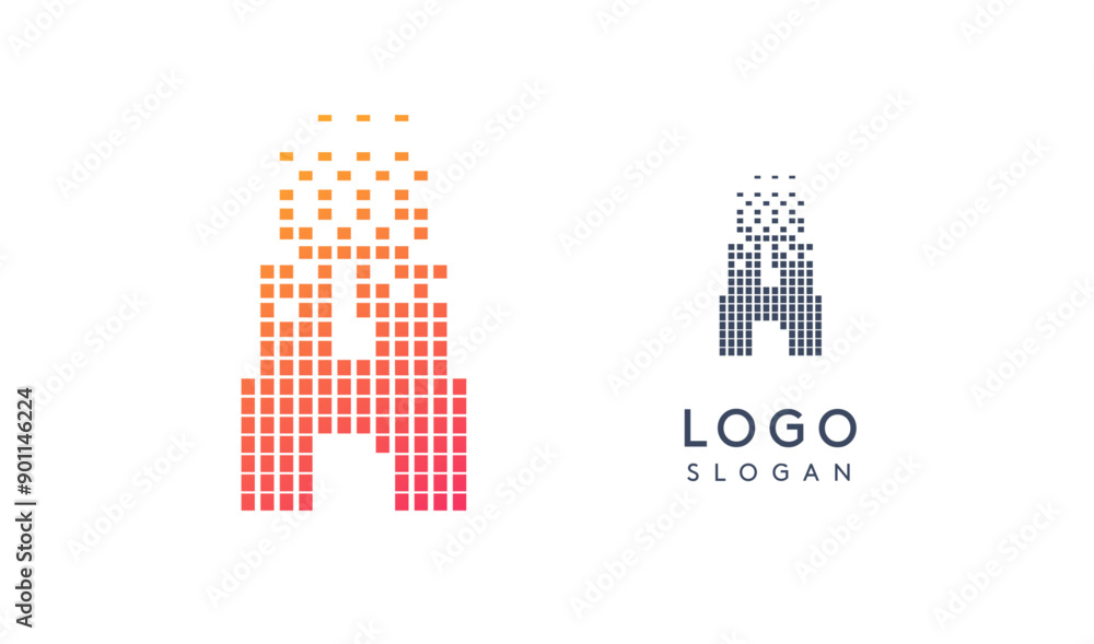 Aufkleber Pixelated Letter A transitioning into scattered pixels with gradient colors creating modern, digital effect like equalizer. Abstract logo for tech software and digital media. Vector illustration.