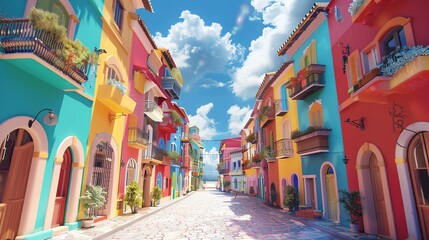 Naklejka premium A brightly colored, cartoon street with buildings.