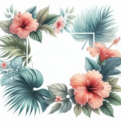 A tropical floral frame with pink hibiscus flowers and lush green leaves.