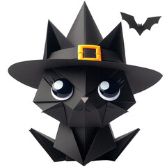 black cats halloween,origami of Black Cat in Witch Hat on Halloween.