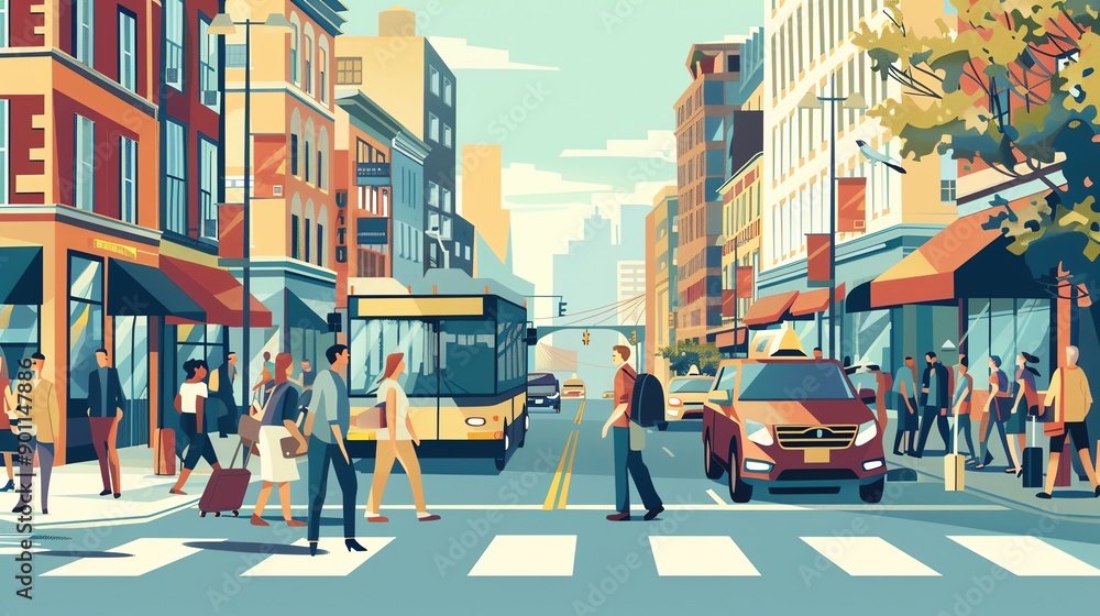 Canvas Prints A busy city street with tall buildings, a bus, and pedestrians crossing.