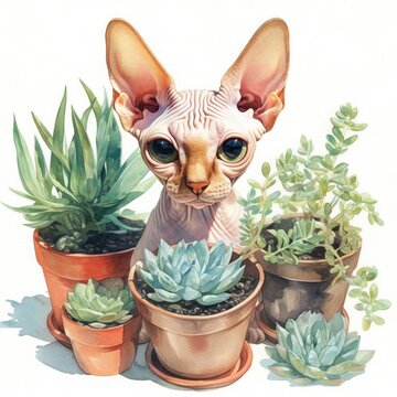 recommend clip art: Sphynx cat with houseplant clip art watercolor illustration
