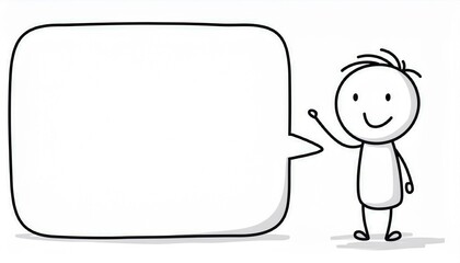 A black-and-white cartoon drawing of a smiling boy raising both index fingers. There is a large speech bubble on the left side of the image for adding text.