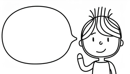 A black-and-white cartoon drawing of a smiling boy raising both index fingers. There is a large speech bubble on the left side of the image for adding text.