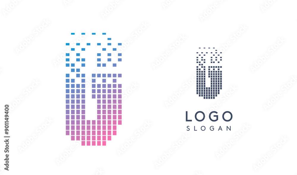 Aufkleber Pixelated Letter G transitioning into scattered pixels with gradient colors creating modern, digital effect like equalizer. Abstract logo for tech software and digital media. Vector illustration.