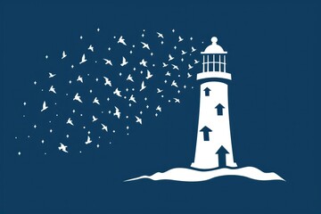 Lighthouse with Birds Flying Away