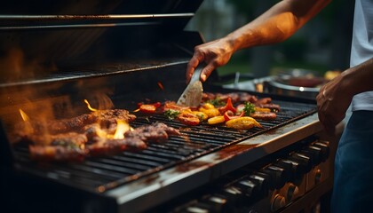Close up of a person preparing grilled meat steaks on a hot grill. A young man grills food for a barbecue dinner outdoors for his family